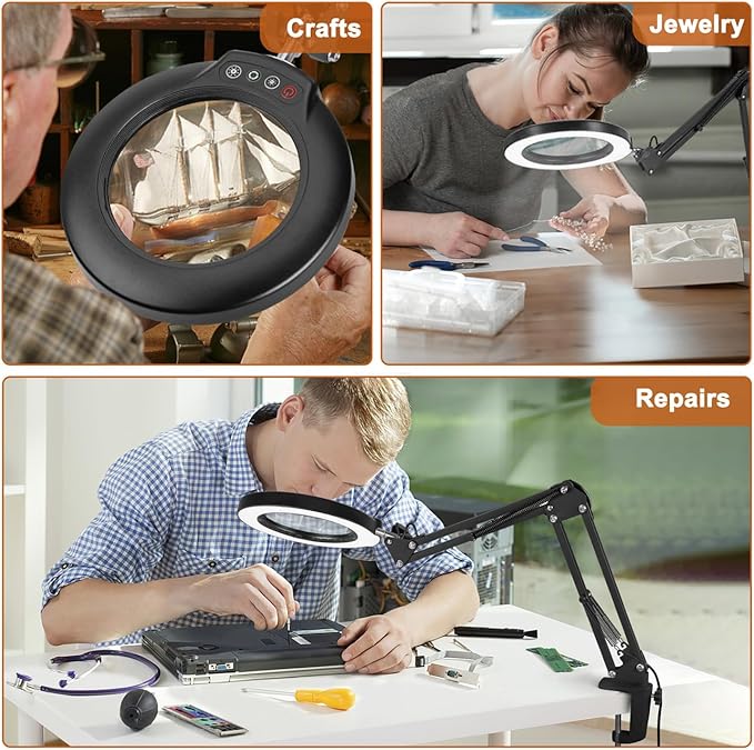 Veemagni 10X Magnifying Glass with Light and Stand, 5 Color Modes Stepless Dimmable 2-in-1 Desk Lamp & Clamp, LED Lighted Magnifier with Light, Hands Free for Repair Craft Hobby Close Work