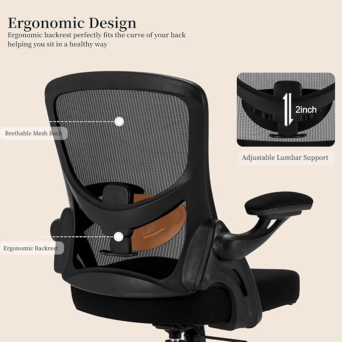 Office Chair Ergonomic, Comfy Desk Chair with Flip up Arms, Mesh Computer Chair with Adjustable Lumbar Support, Home Office Chairs 300 Lbs Capacity