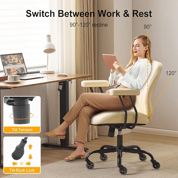 YFO Home Office Desk Chair Office Rubber Casters Ergonomic Computer Chair with Lumbar Support Adjustable Height Rolling Swivel Executive Task Armrests Chair, Cream Leather