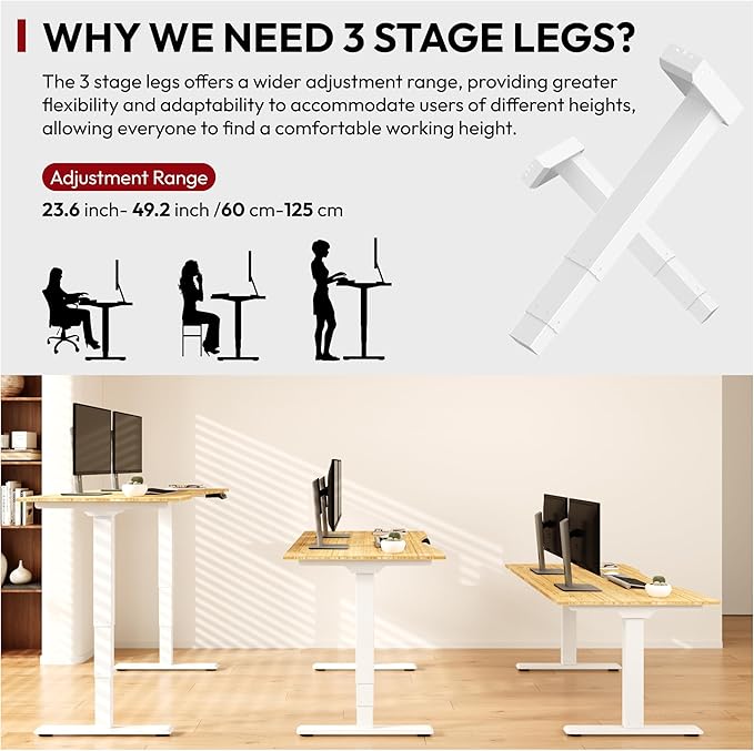 SANODESK 55 Inch 3 Stage Bamboo Electric Standing Desk, Dual Motor Height Adjustable Desk, Stable and Durable Sit to Stand Home Office Desk (White Frame/ 55” x 28” Curved Natural Bamboo Top)