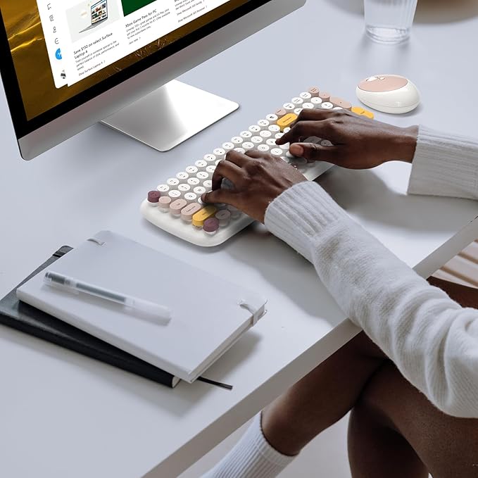 Wireless Keyboard and Mouse Combo - GEEZER Pale Milkwhite Colorful Round Keycap Keyboard 100 Keys - USB 2.4G Receiver Plug Play Typewriter Keyboards for Windows, PC, Laptop, Desktop