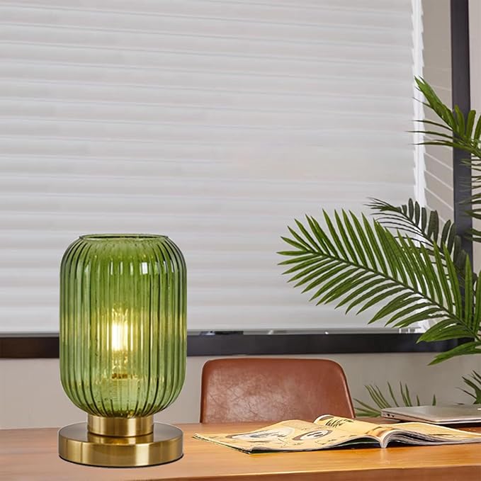 NKU Mid Century Table lamp Green Glass Bedside Table Lighting Dimmable Ribbed Modern Globe Table Lamp Small Vintage Nightlight Lamp Nightstand Lamp with Plug-in Style for Bedroom Living Room Office