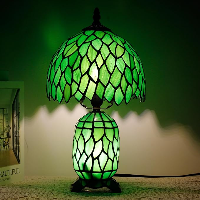 Small Tiffany Lamp Stained Glass Table Lamp Mini Mother Daughter Vase Desk Accent Night Light for Bedroom Bedside Reading Home Antique Style 8X14 Inches (Green Wisteria)