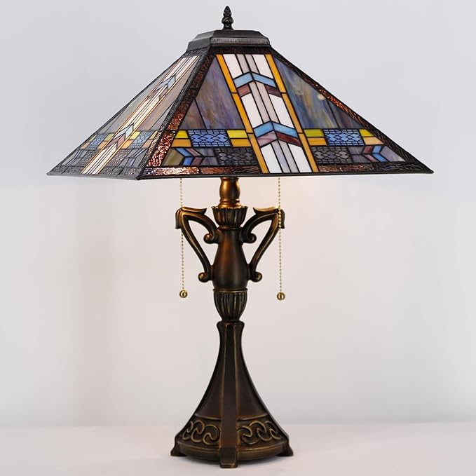 Tiffany Table Lamp Stained Glass Blue Cloudy Mission Style Desk Reading Light 16X16X24 Inch for Bedroom Living Room Home Office