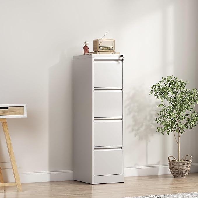 4-Drawer Locking Vertical File Cabinet, Metal Storage Cabinet for Office/Home – Secure Vertical Filing for Letter/Legal/A4/F4 Documents, Easy to Assemble Steel Cabinet (White, 4 Drawer-52 H)