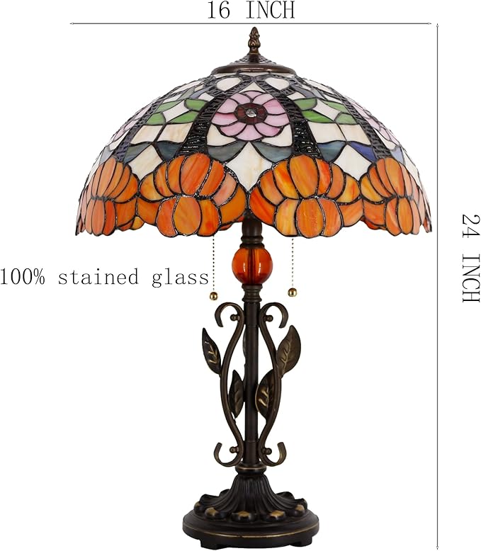 Tiffany Table Lamp Yellow Flower Stained Glass Desk Reading Light 16X16X24 Inch Metal Leaf Base for Bedroom Living Room Home Office