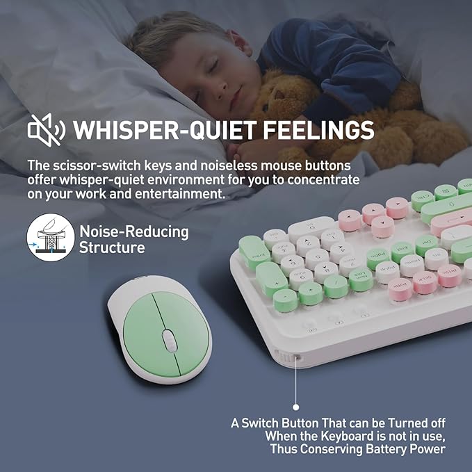 Wireless Keyboard and Mouse Combo with Switch Button- 2.4GHz Cordless Typewriter Keyboard | Auto-Sleep | USB Receiver for Windows PC/Laptop - White Colorful