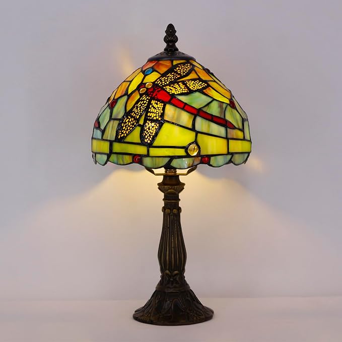 Tiffany Lamp Touch Control Table Lamp Green Red Stained Glass Desk Lamp 8X8X14.5 Inches Dragonfly Style Reading Light