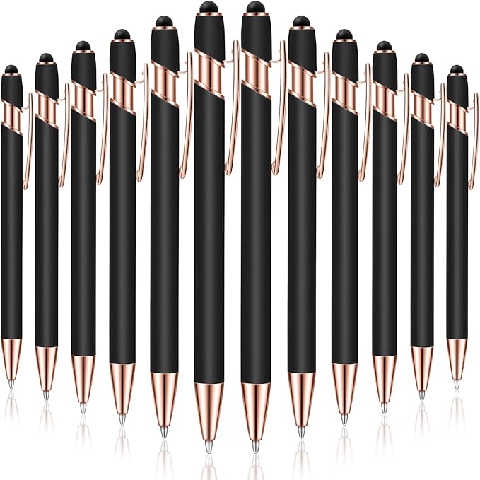 Tenare 12 Pieces 2 in 1 Stylus Metal Ballpoint Pen with Stylus Tip, 1.0 mm Black Ink Ballpoint Pen for Touch Screens(Black and Rose Gold)