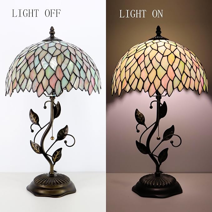 Tiffany Table Lamp, Stained Glass Style Desk Lamp, 12X12X19 Inch,Bedside Reading Light, Metal Leaf Base (Seven Color Wisteria)