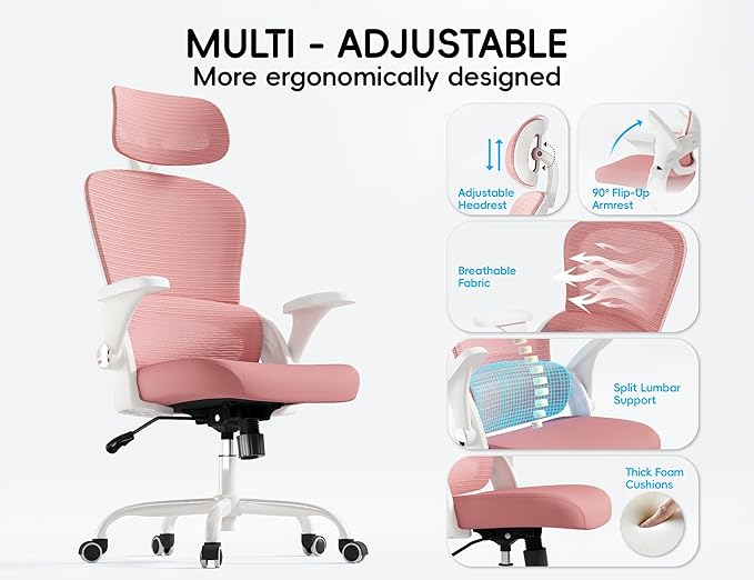 TRALT Office Chair - Ergonomic Office Chair with Back Support, Computer Chair - Home Office Desk Chairs, 330lbs Wide Seat Big and Tall Office Chairs with Headrest, Comfy Desk Chairs (Pink)