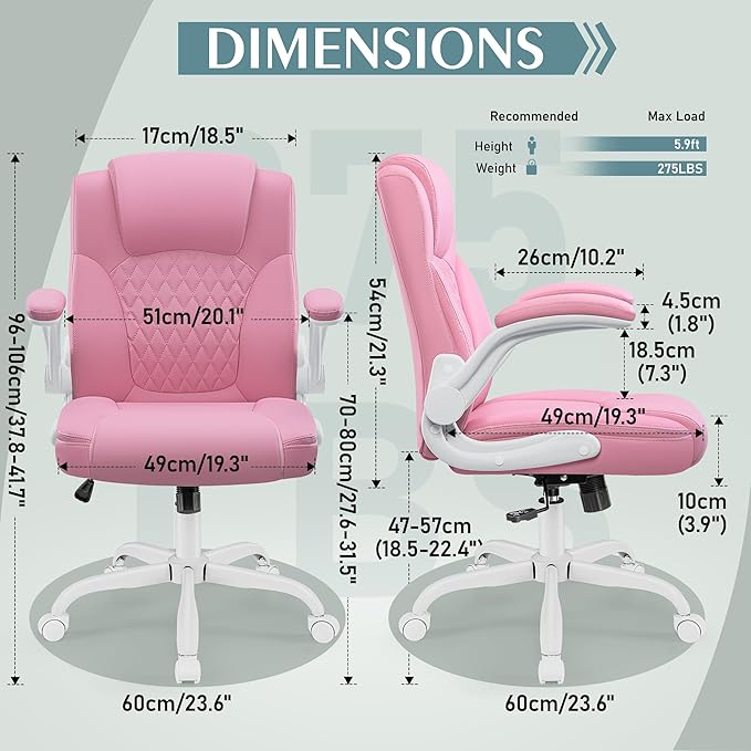 Leather Office Chair, PU Home Computer Desk Chairs with Ergonomic Back Support, 360° Swivel Free,Small Gmaing Chair with Wheels and Adjustable Armrests, for Short People Use, Pink