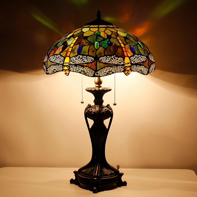 Tiffany Stained Glass Table Lamp 16X16X24 Inch Amber Yellow Dragonfly Style Desk Bedroom Living Room Antique Reading Light (Amber Yellow)