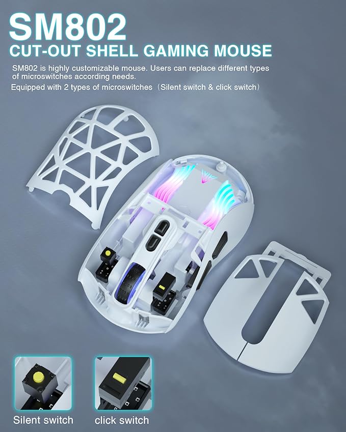 SOLAKAKA SM802 White Wireless Gaming Mouse,10000 DPI,Tri-Mode Wired/BT 5.0/2.4GHz Wireless Mouse Gaming with Side Button,RGB Programmable Macro Mouse for Laptop