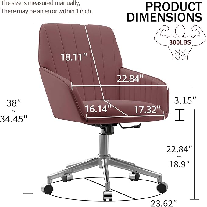 YISHENG Velvet Office Desk Chair with Silver Base, with Wheels,Modern Height Adjustable 360 Degree Swivel Upholstered Vanity Chairs with Arms for Living Room Bedroom,Rose