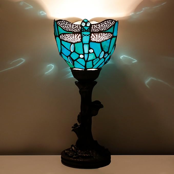 Small Tiffany Lamp Stained Glass Table Lamp Desk Uplight 6X6X13.5 Inch for Bedroom Bedside Office (Green Dragonfly)