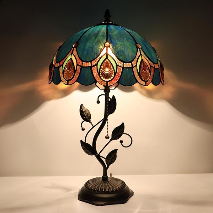 Tiffany Table Lamp, Stained Glass Style Desk Lamp, 12X12X19 Inch,Bedside Reading Light, Metal Leaf Base (Peacock Crystal Style)