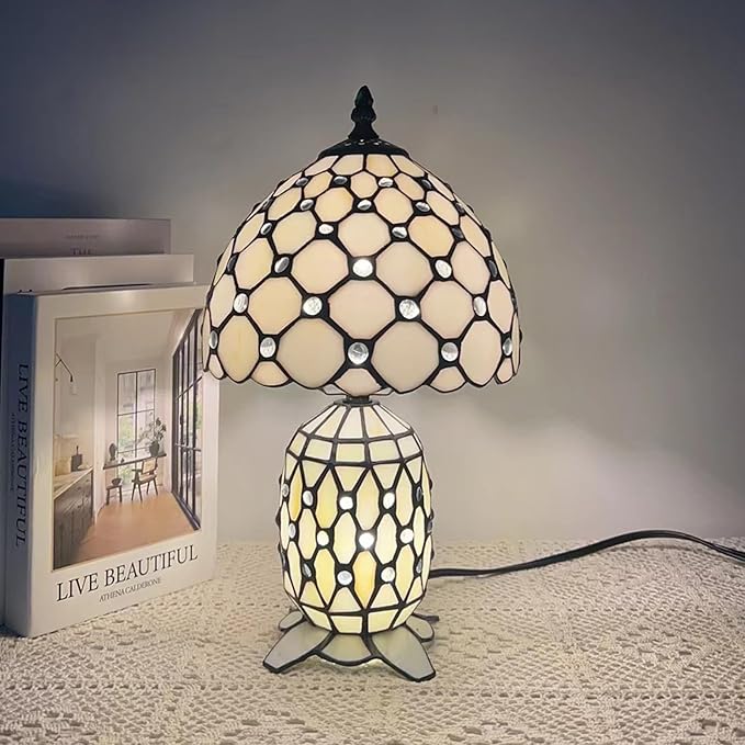 Small Tiffany Lamp Stained Glass Table Lamp Mini Mother Daughter Vase Desk Accent Night Light for Bedroom Bedside Reading Home Antique Style 8X14 Inches (White Yellow)