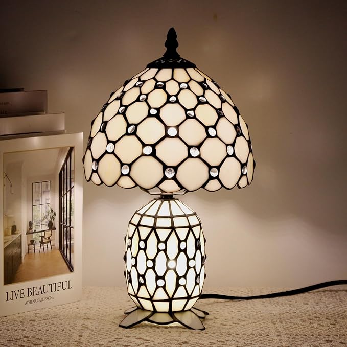 Small Tiffany Lamp Stained Glass Table Lamp Mini Mother Daughter Vase Desk Accent Night Light for Bedroom Bedside Reading Home Antique Style 8X14 Inches (White Yellow)