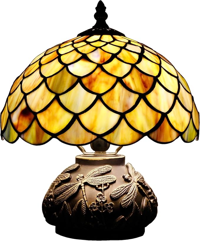 Small Tiffany Table Lamp Yellow Fish Scales Style Stained Glass Desk Lamp 10X11.5 Inch Mushroom Table Light for Office Home Living Room Bedroom