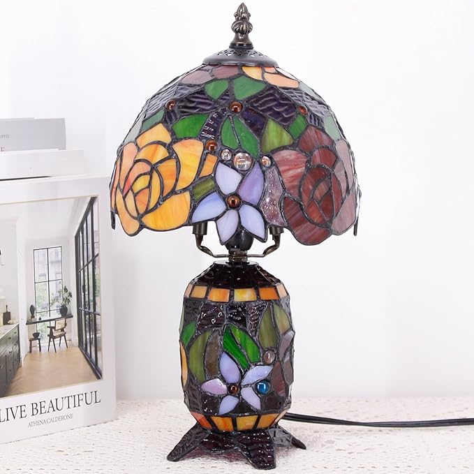 Small Tiffany Lamp Stained Glass Table Lamp Mini Mother Daughter Vase Desk Accent Night Light for Bedroom Bedside Reading Home Antique Style 8X14 Inches (Red Yellow)