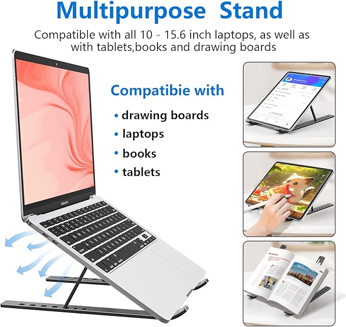Laptop Stand for Desk, Aluminum Metal MacBook Stand,Computer Riser for Desk, Portable Foldable Adjustable Notebook Holder, Compatible with 10-15.6 Inch Laptops, iPad, Space Gray.