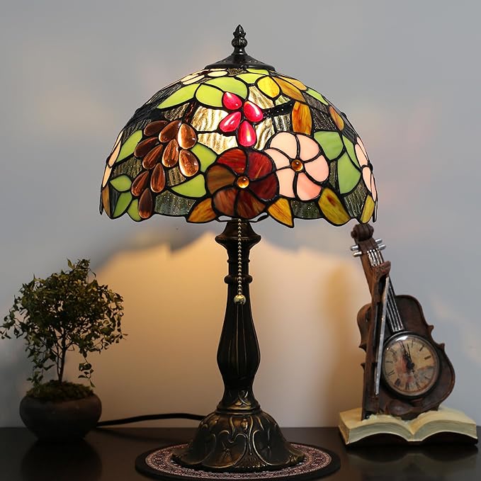 Tiffany Lamp 12-inch Grape Rose Stained Glass Lamp, Bedside Table Lamp, Suitable for Bedroom, Living Room, Home Office, Home Decor Art, E26 Bulb (Not Included in Delivery)
