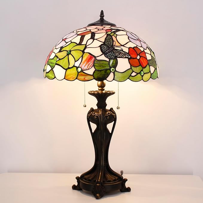 Tiffany Stained Glass Table Lamp 16X16X24 Inch Butterfly Flowers Style Desk Bedroom Living Room Antique Reading Light (Butterfly Flowers)