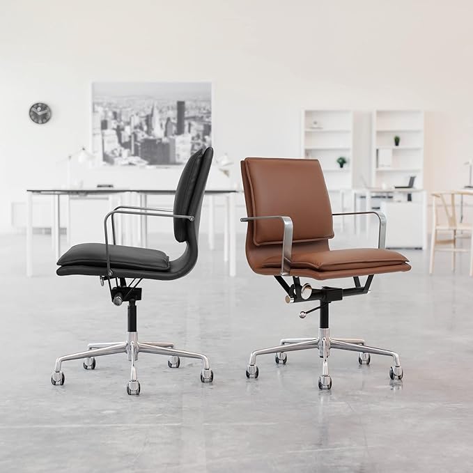 Laura Davidson Furniture Lexi II Padded Office Chair - Mid Back Desk Chair with Arm Rest, Swivel & Cushion Availability, Made of Faux Leather, White, Computer Chair