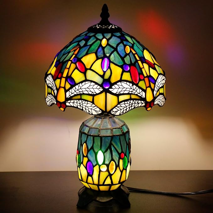 Small Tiffany Lamp Stained Glass Table Lamp Mini Mother Daughter Vase Desk Accent Night Light for Bedroom Bedside Reading Home Antique Style 8X14 Inches (Sea Blue Yellow)