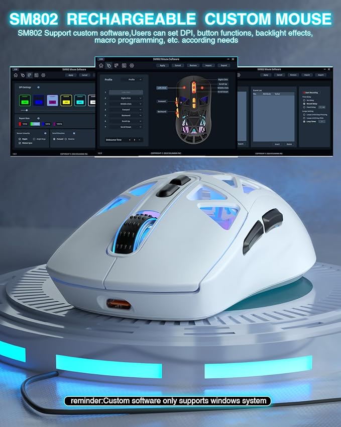 SOLAKAKA SM802 White Wireless Gaming Mouse,10000 DPI,Tri-Mode Wired/BT 5.0/2.4GHz Wireless Mouse Gaming with Side Button,RGB Programmable Macro Mouse for Laptop