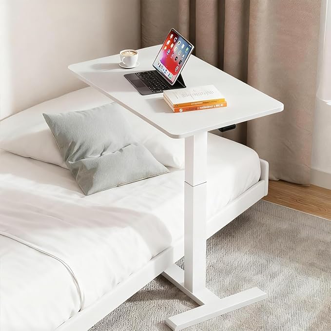 Rolling Standing Desk with Hidden Wheels,Overbed Bedside Table Adjustable Height,Pneumatic Laptop Desk Rolling Computer Cart for Home,Office,White