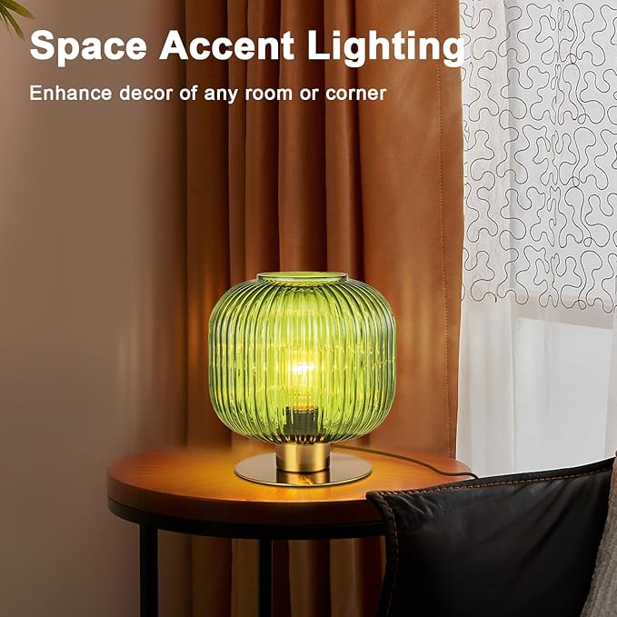 Green Table Lamp Glass Table Lamps Mid Century Modern Table Lamp Gold Bedside Lamp Vintage Nightstand Lamp with Ribbed Globe Shade Brass Desk Lamp Small Side Table Lamps for Bedroom Living Room