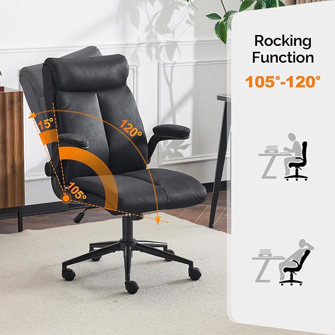 VINGLI Rolling Ergonomic Office Desk Chair with Padded Flip-up Arms, 360° Swivel High Back Executive Computer Task Chair with Wheels for Game,Home Small Space, Study Room, Reading Room,Pu Black
