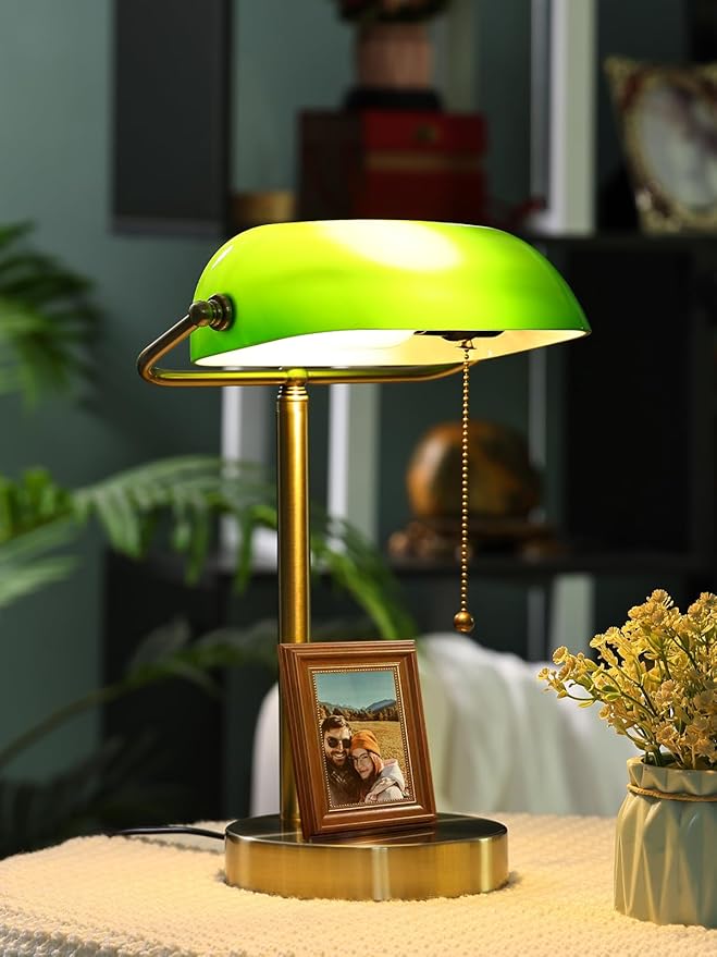 Newrays Traditional Green Glass Bankers Desk Lamp with Pull Chain Switch Plug in Fixture,LED Bulb Included