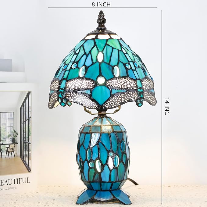 Small Tiffany Lamp Stained Glass Table Lamp Mini Mother Daughter Vase Desk Accent Light for Bedroom Bedside Reading Home Antique Style Decor 8X14 Inches (Green Dragonfly)