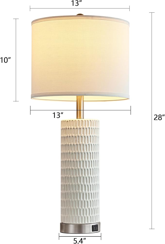 White Table Lamps Set of 2, 28" Ceramic Lamps for Living Room with USB C+A Ports, Touch Lamps for Nightstand, 2 Bulbs Included