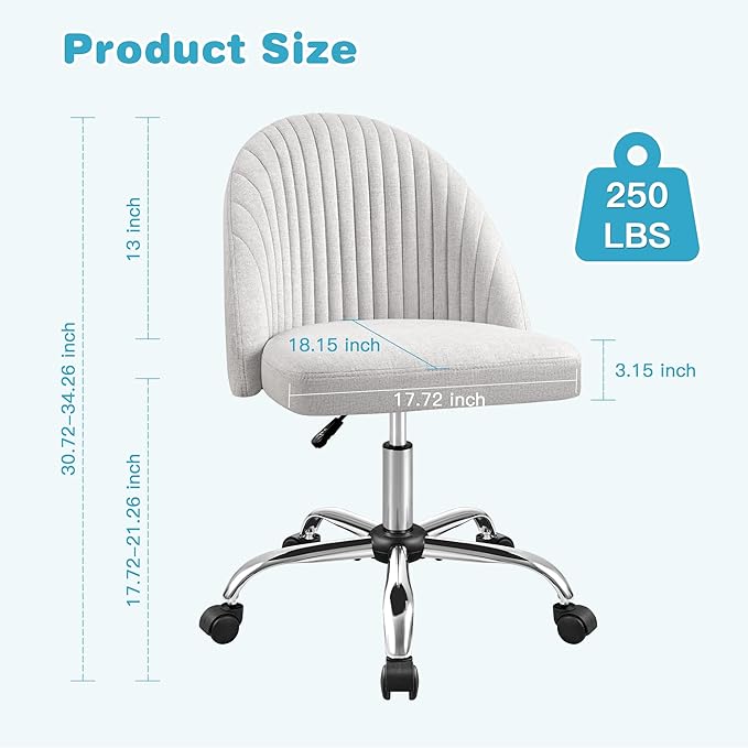 Furniwell Office Chair Armless Cute Desk Chair Modern Adjustable Swivel Padded Fabric Vanity Task Computer Chair Home Office Desk Chairs with Wheels (Grey)