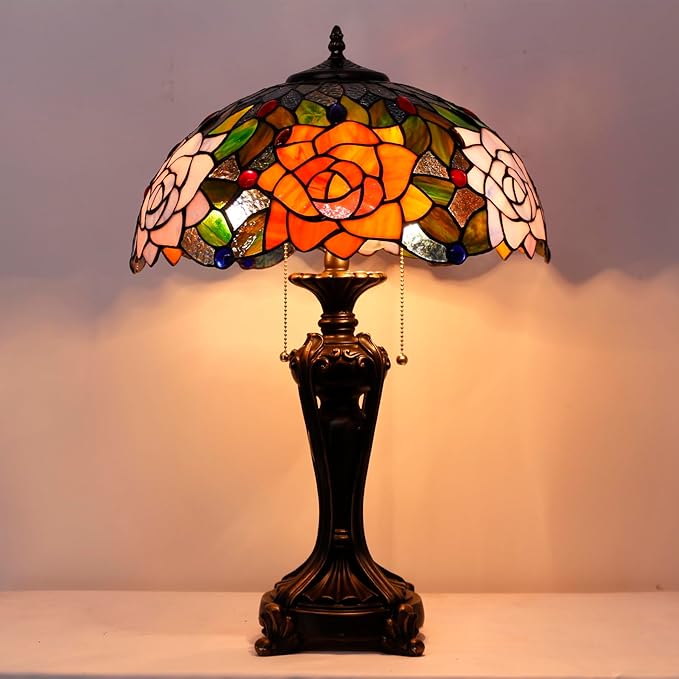 Tiffany Stained Glass Table Lamp 16X16X24 Inch Purple Orange Rose Flower Style Desk Bedroom Living Room Antique Reading Light (Purple Orange Rose)