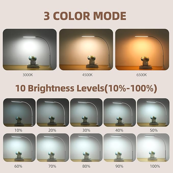 Led Desk Lamp for Home Office, Eye-Caring Desk Light with Clamp, Clip on Light for Reading, 3 Modes 10 Brightness, Flexible Gooseneck, Memory Function, Study, Work, Draw, White