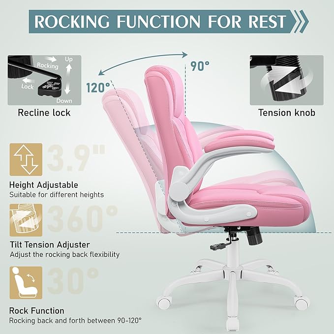 Leather Office Chair, PU Home Computer Desk Chairs with Ergonomic Back Support, 360° Swivel Free,Small Gmaing Chair with Wheels and Adjustable Armrests, for Short People Use, Pink
