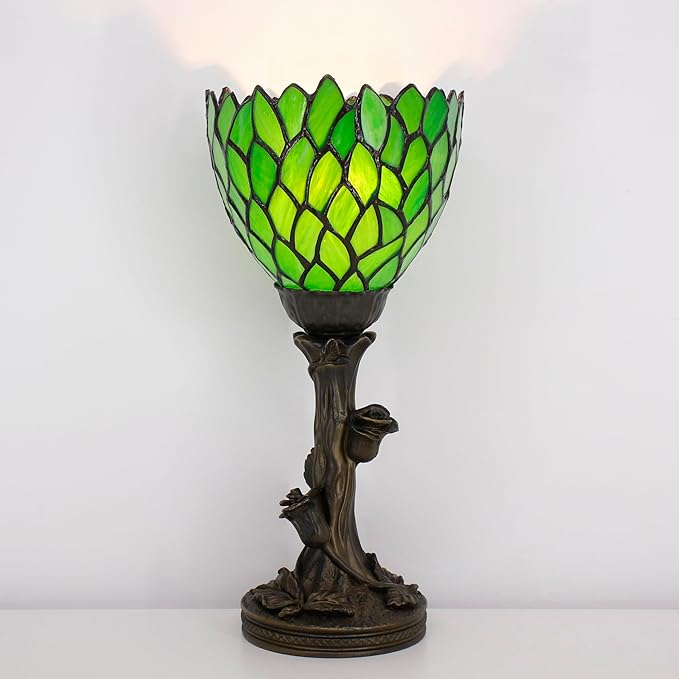 Small Tiffany Lamp Mini Stained Glass Table Lamp Green Wisteria Accent Desk Uplight W6 H13.5 Inch Bronze Resin Base