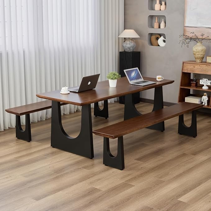 Walnut Color Long Bench Solid Wood Top Metal Legs U-Shaped Design Durable Sturdy Dining Bench Ideal for Office Home Restaurant Patio Multiple (Bench, 78.74in)