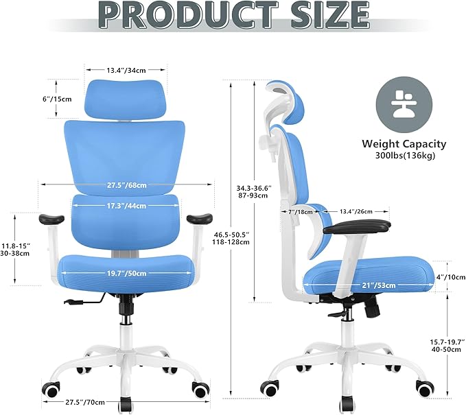 Winrise Office Chair Ergonomic Desk Chair, High Back Gaming Chair, Big and Tall Reclining chair Comfy Home Office Desk Chair Lumbar Support Breathable Mesh Computer Chair Adjustable Armrests(Sky Blue)