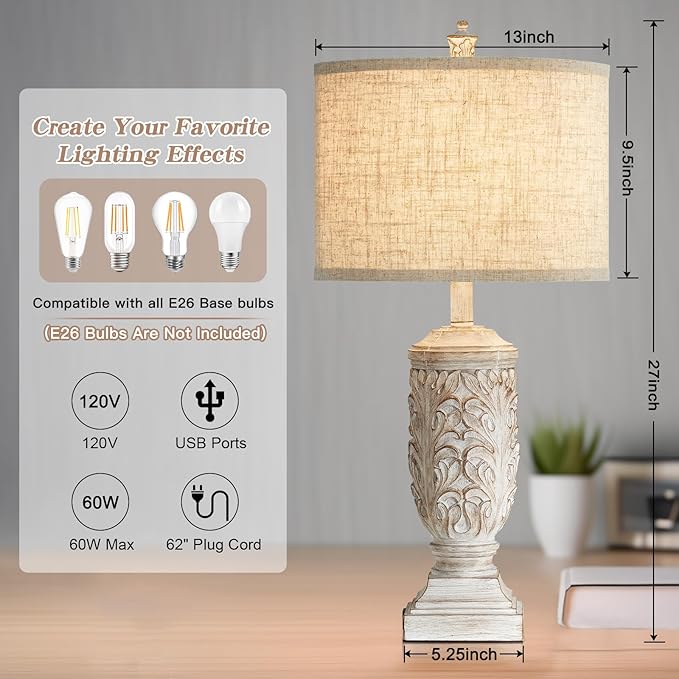 Set of 2 Farmhouse Table Lamps, 27.5'' Tall Rustic Bedside Lamps with USB Ports, Vintage Nightstand Lamp Leafwork White Resin Lamp with Rotary Switch for Living Room,Bedroom, End Table, Decor