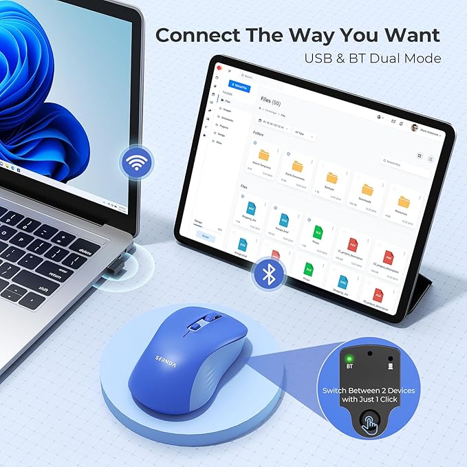 seenda Wireless Mouse, Bluetooth & 2.4G USB Dual Mode for Laptops & Computers - Mac & Windows Compatible - Blue