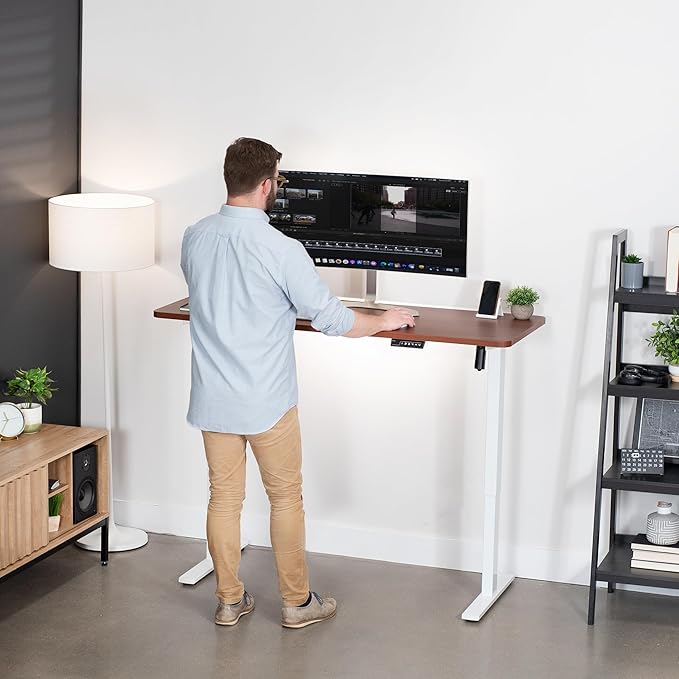 VIVO Electric 60 x 24 in Standing Desk, Memory Height Adjustment, 1B Series, One-Piece Dark Walnut Top, White Frame, DESK-KIT-1W6D