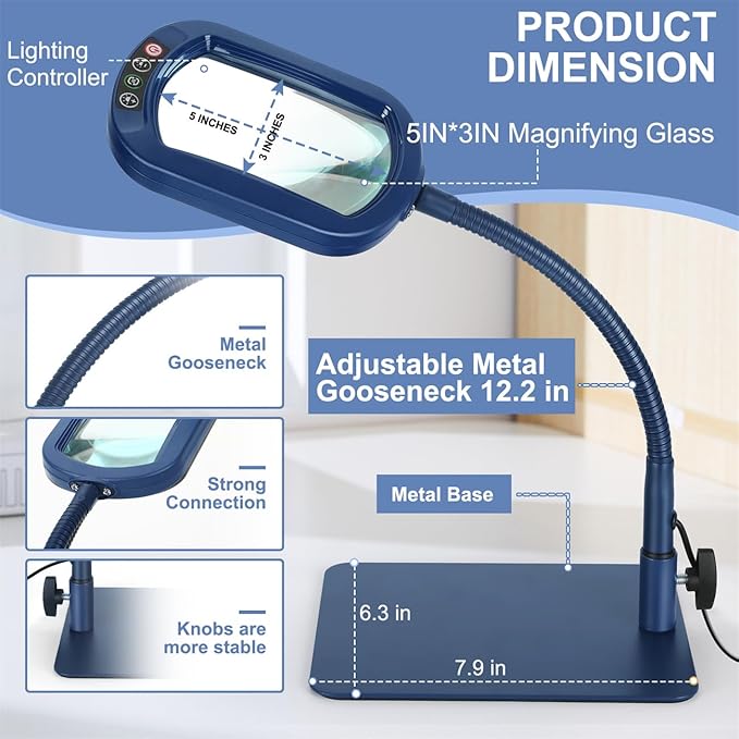Veemagni 10X Rectangle Magnifying Glass with Light and Stand, Flexible Gooseneck LED Lighted Desk Lamp, 5 Color Modes Stepless Dimmable, Hands Free Magnifier for Reading Painting Close Work - Blue