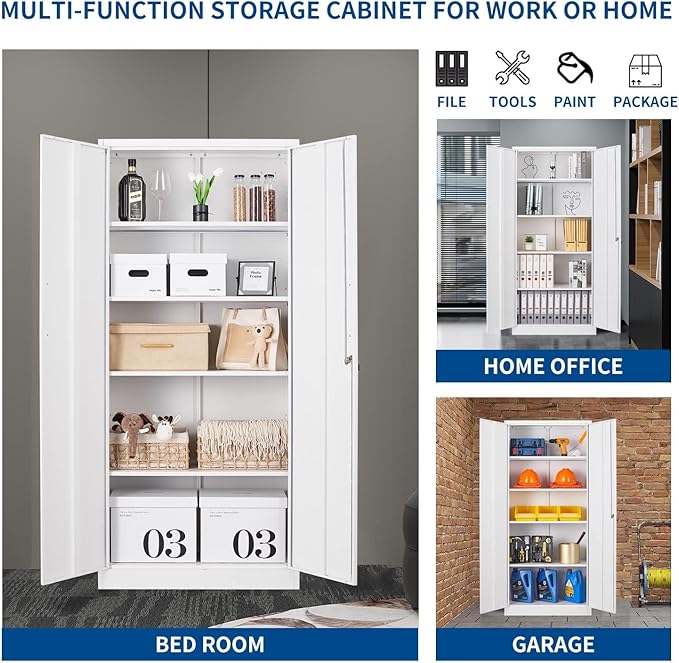 Metal Storage Cabinet-71” Tall Steel File Cabinets with Lockable Doors and Adjustable Shelves-White Steel Storage Cabinet for Home, School, Office, Garage