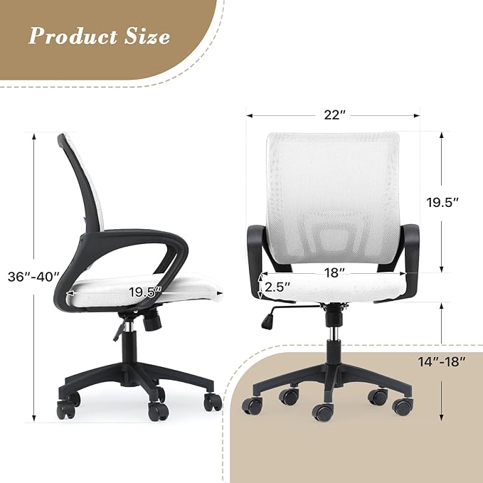 Athena Collection Computer Office Chair, Ergonomic Desk Chair with Rolling Wheels, Mesh Back Support and Height Adjustable, Small and Comfy for Home Office, Study, White